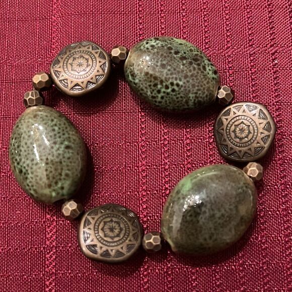 NWT Angelas Designs 2 handmade stretchy beaded bracelets bronze silver & green - Picture 7 of 9